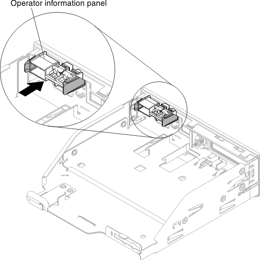 Operator information panel assembly installation into media cage for eight 2.5-inch hot-swap or simple-swap hard disk drive server configuration
