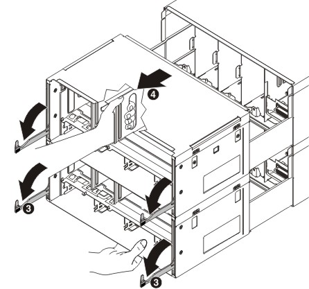 Illustration showing the cam handles down and removal of the shuttle from the chassis